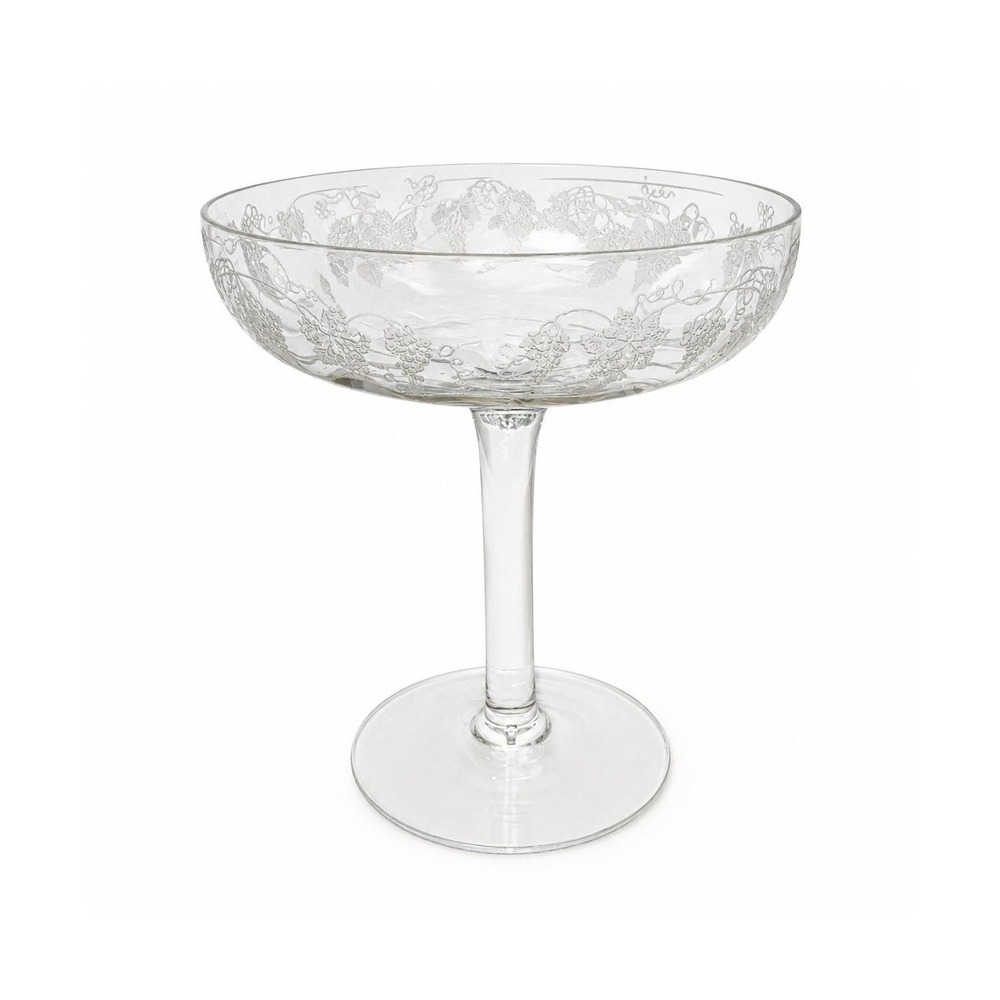 1920's Fry Art Glass Etched‎ Crystal Grape Leaves Champagne/Tall Sherbet 6.5"H